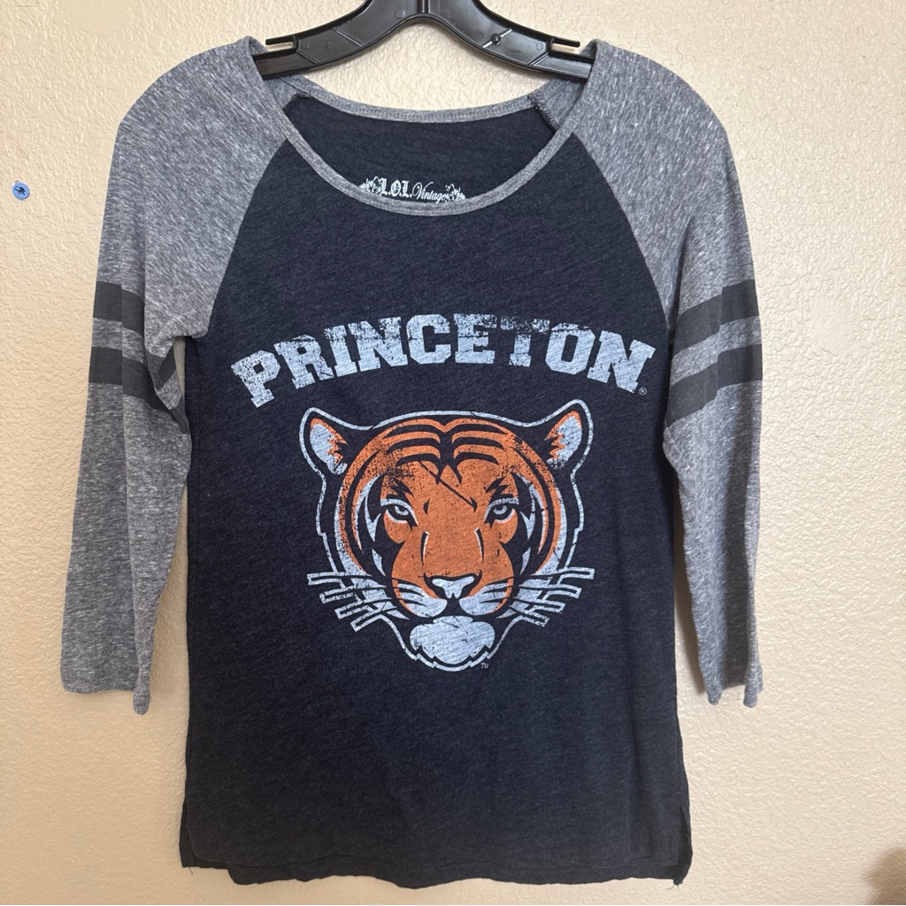 L.O.L. Vintage Princeton Tiger Logo Distressed Raglan T Shirt Black/Gray Small